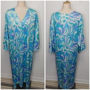 Natori Blue Printed Satin Caftan Size L